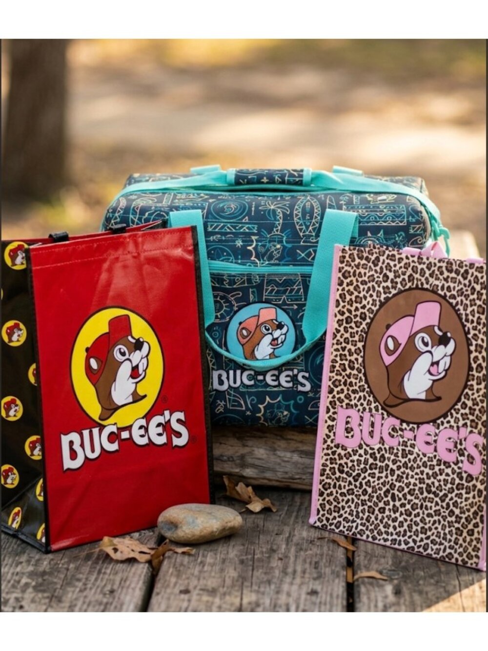 Set Buc-ees Leopard Print Reusable Tote Bag With Pink Handles & Logo Friendly